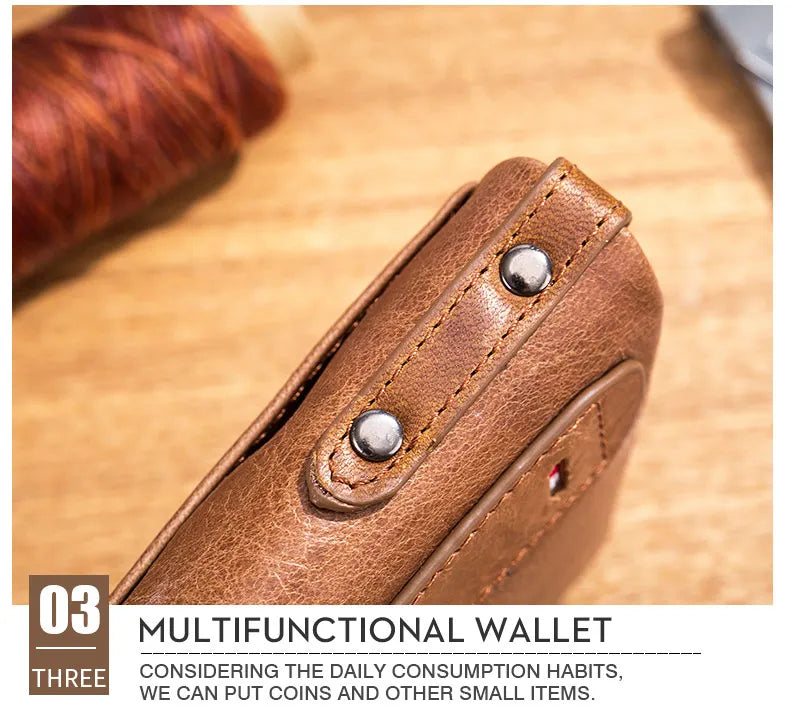 BULLCAPTAIN retro leather men's wallet leather zipper buckle short money wallet card holder coin purse RFID wallet QB06