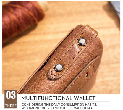 BULLCAPTAIN retro leather men's wallet leather zipper buckle short money wallet card holder coin purse RFID wallet QB06