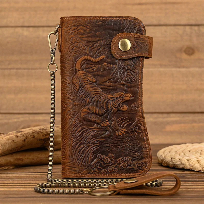 Men's Genuine Leather Wallet Chain Snap Bifold Purse Crazy Horse Leather Card Case Phone Card Holder Clutch Dragon Wallet