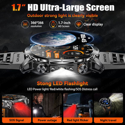 Newly Durable 1400mAh Large Battery Smart Watch Men 1.7" HD Screen IP68K Waterproof LED Flashlight Sports BT Call Smart Bracelet