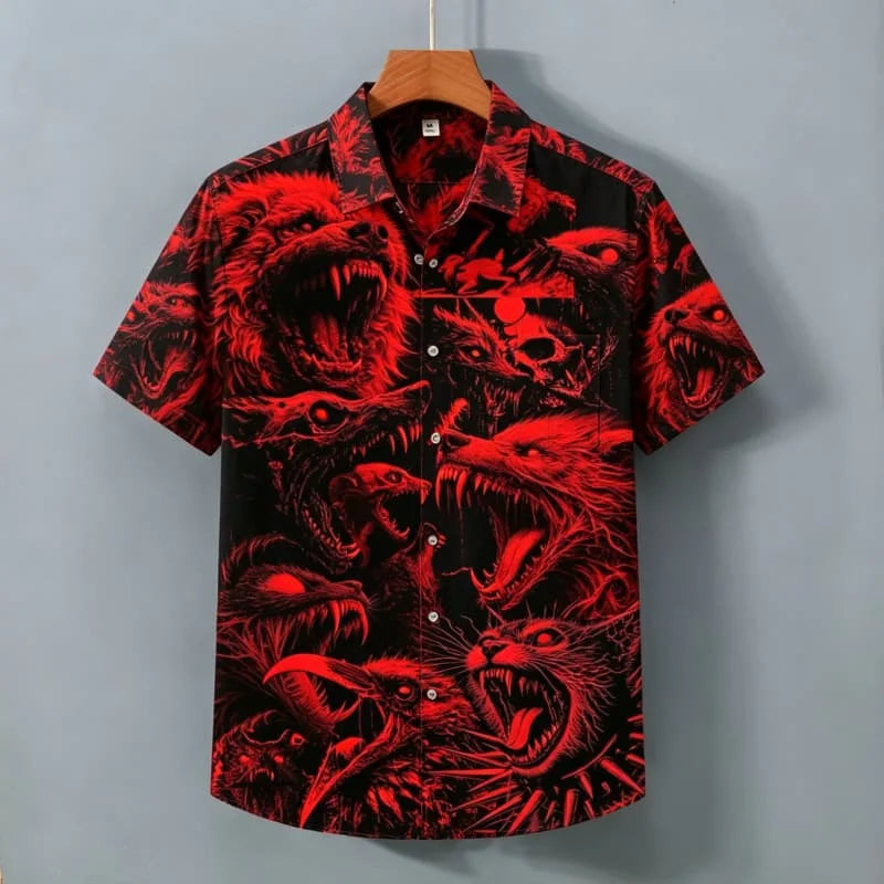 Men's Domineering Wolf Head Printed Short Sleeved Shirt with Wild Style and Personality Suitable for Street Shirts