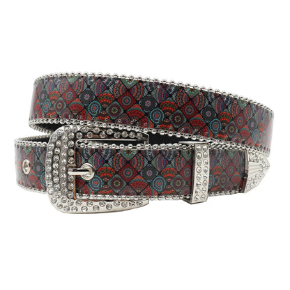 Rhinestone belt B&B style blue print pattern Women's Jeans Rhinestone Belt Men's Belt Western Denim Leather HipHop Rock