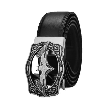 Men's Vintage Bat Pattern Genuine Leather Belt, Silver Gold Automatic Buckle, Plus Size 130 140 150 160 170cm Casual Waistband