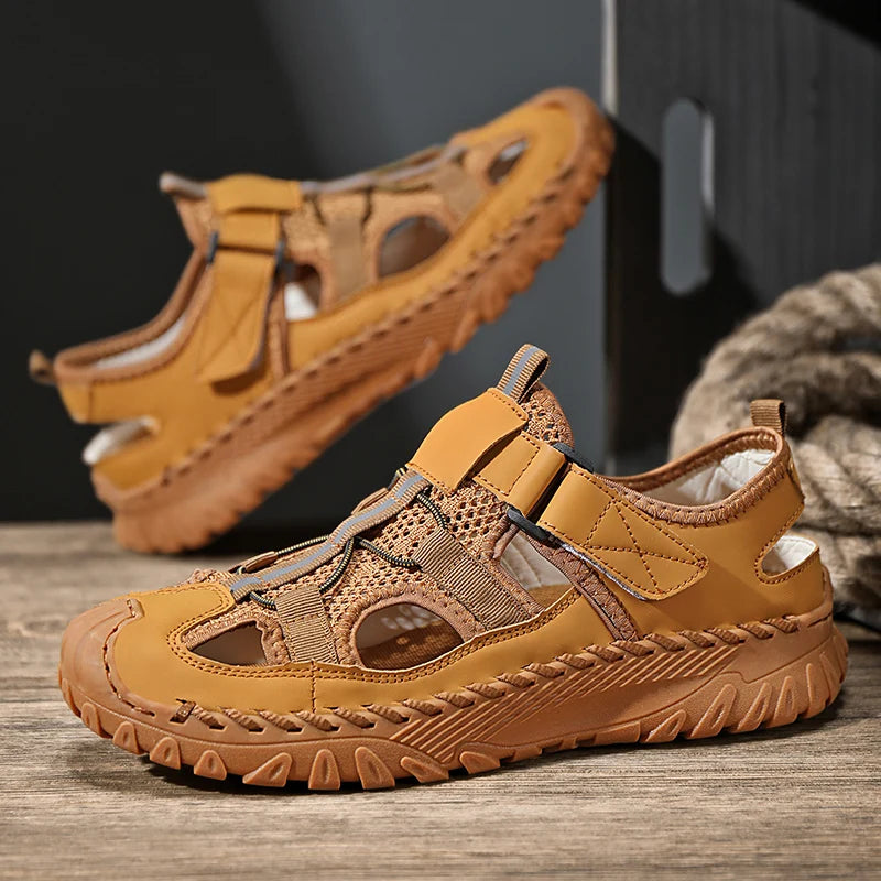 Men Outdoor Protective Toe Sandals Hollow Breathable Mesh Upper Quick Dry Lining Non Slip Walking Camping Driving Casual Shoes
