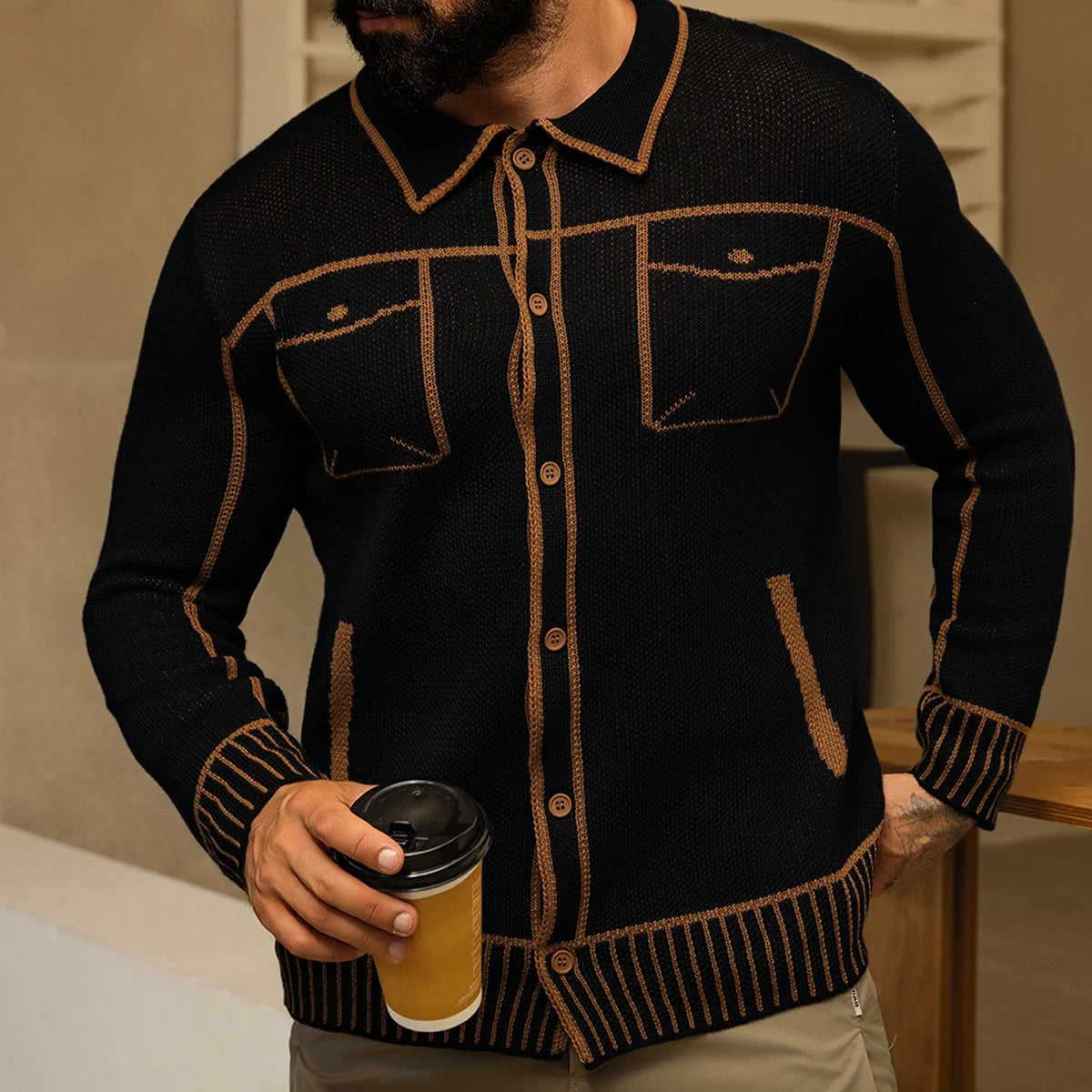 Men's Comfortable Open Cardigan Autumn Winter Casual Knitwear with Fake Pocket Design Fashionable Men's Sweater