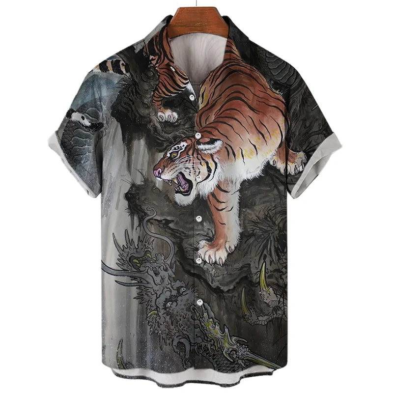 Men's Shirts 3D Animal Tiger Dragon Printed Short Sleeve Hawaiian Shirts Blouse New in Casual Button Up Aloha Shirt Male Tops