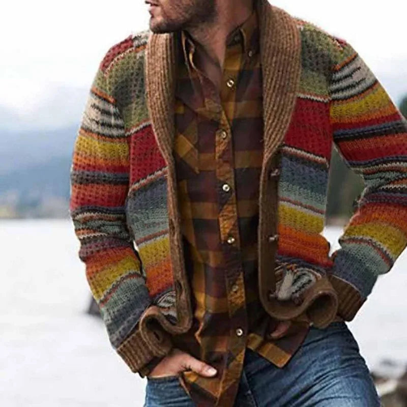 Mens 2026 Fall Winter Color Block Cardigan Collared Knit Sweater Jacket Casual Outerwear