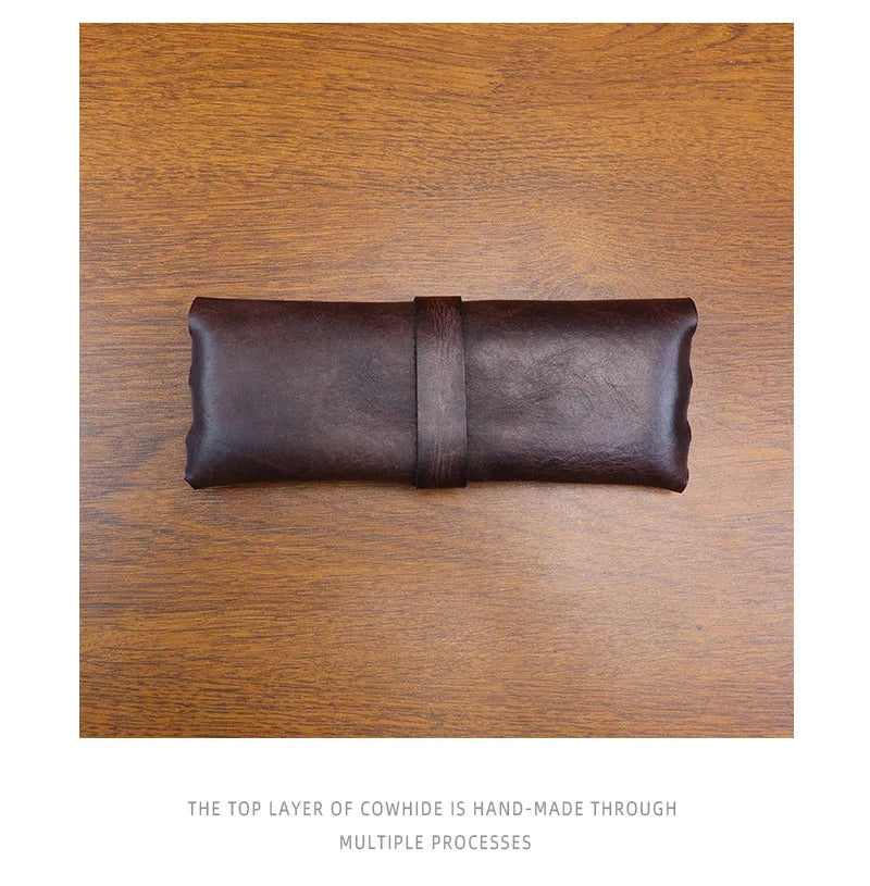Genuine Leather Men Pencil Bag Handmade Wallet Large Capacity Retro Glasses Storage Bag Stationery Pencil Case Unisex Purses