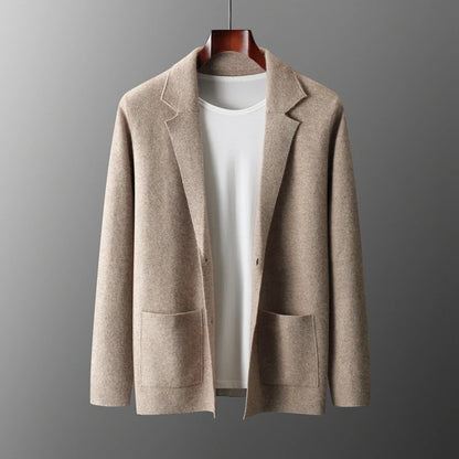 100% Pure Wool Cardigan Men's Spring And Autumn High-End Outerwear Sweater Casual Small Suit Jacket Olive Collar Sweater