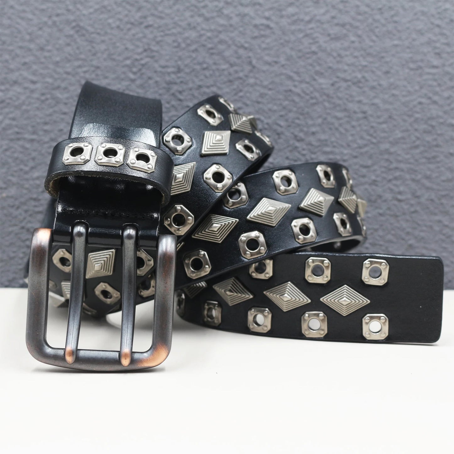 Rock Genuine Leather Luxury Punk Belt Jeans Heavy duty Hollow manual  Designer Brand Belt Men Rivet Three-pin buckle Belt Male