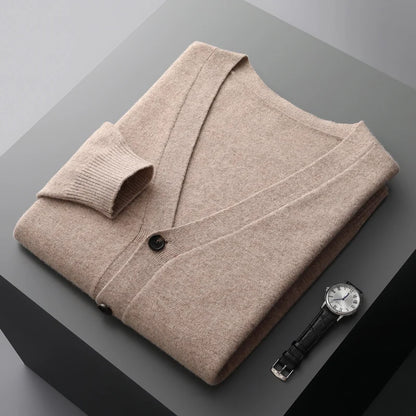 100% Pure Wool Sweater Autumn Winter New Men's Cardigan V-Neck Buckle Jacket Loose Casual Cashmere Knitted Sweater Long Sleeveds