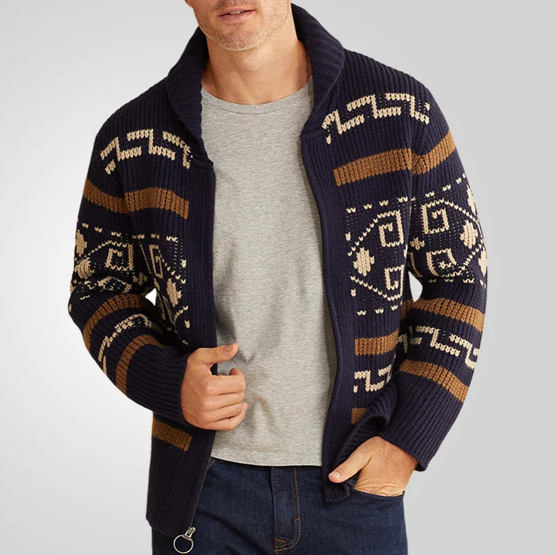 Men's Geometric Knit Cardigan Shawl Collar Full Zip-Up Tribal Print Sweater Chunky Ribbed Knit Vintage Navajo-Inspired Jacket