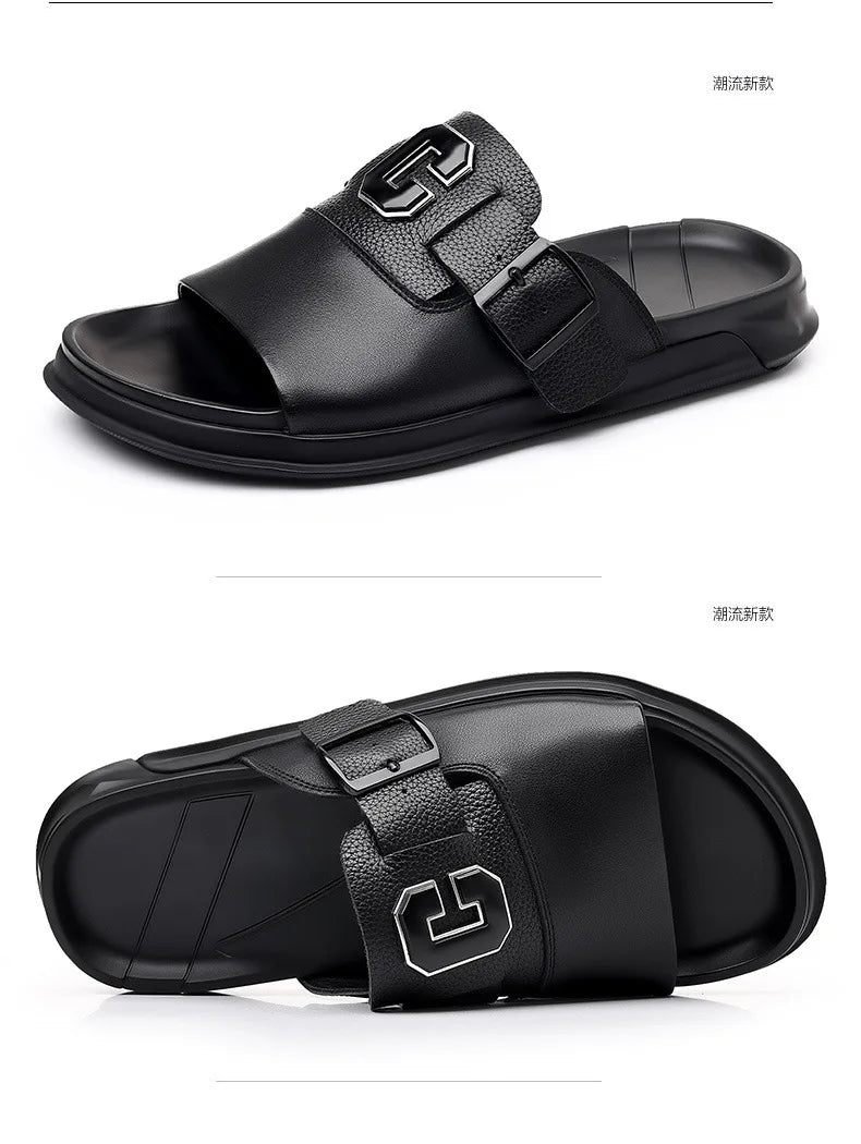 Men Outwear Genuine Leather Slippers for Men Fashion Buckle Designer Summer Flip-flops Male Casual Non-slip Beach Shoes Man