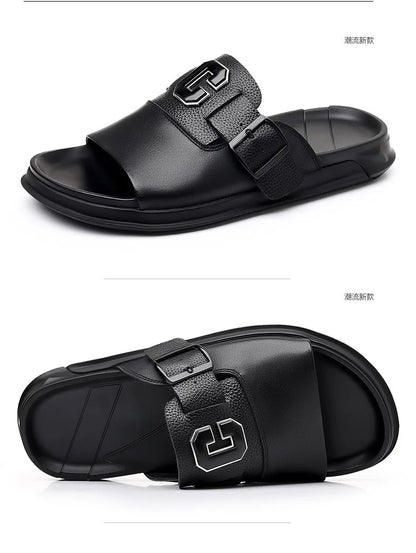 Men Outwear Genuine Leather Slippers for Men Fashion Buckle Designer Summer Flip-flops Male Casual Non-slip Beach Shoes Man