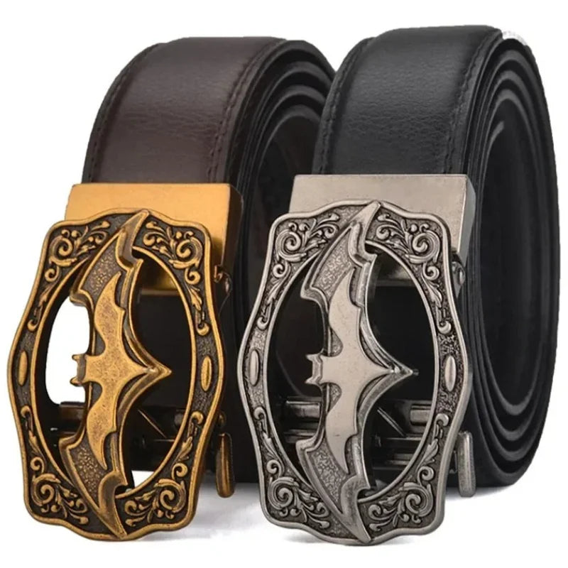Men's Vintage Bat Pattern Genuine Leather Belt, Silver Gold Automatic Buckle, Plus Size 130 140 150 160 170cm Casual Waistband