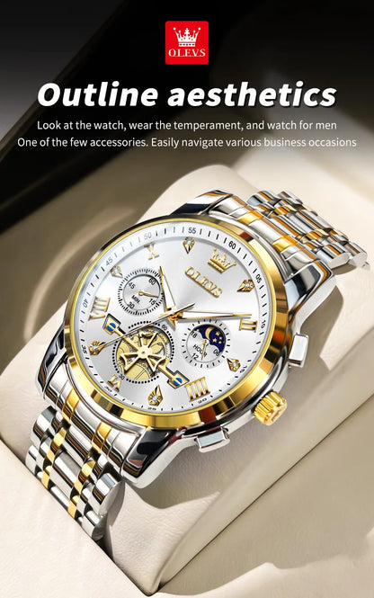 OLEVS Men's Watches Classic Multifunctional Flywheel Chronograph Original Quartz Wristwatch Moon Phase 24 Hour Waterproof Reloj