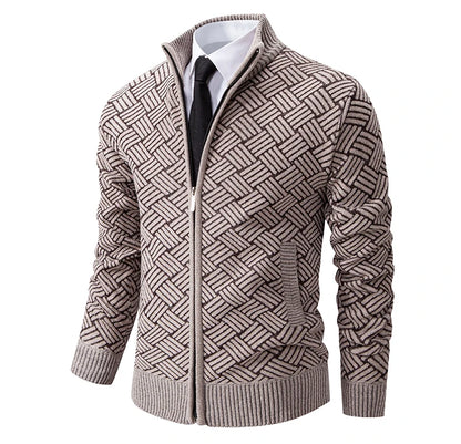 Mens Sweaters Jacket Full Zip Fleeced Sweater Cardigan Plaid Stand Collar Sweaters Coat Autumn Winter Homme Clothes