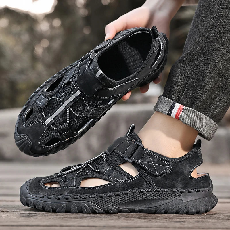 Men Outdoor Protective Toe Sandals Hollow Breathable Mesh Upper Quick Dry Lining Non Slip Walking Camping Driving Casual Shoes