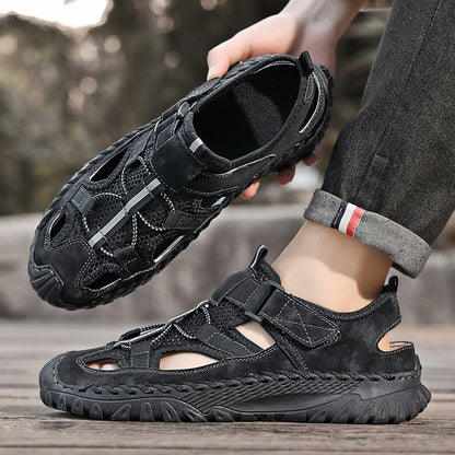 Men Outdoor Protective Toe Sandals Hollow Breathable Mesh Upper Quick Dry Lining Non Slip Walking Camping Driving Casual Shoes