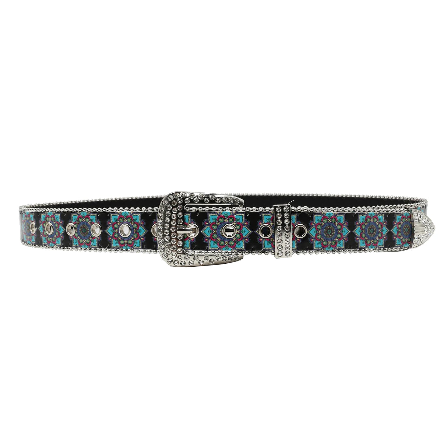 Rhinestone belt blue totem print New Women's Fashion Rhinestone Versatile Fashion PU Leather Belt Jeans Punk Rock Y2K Belt