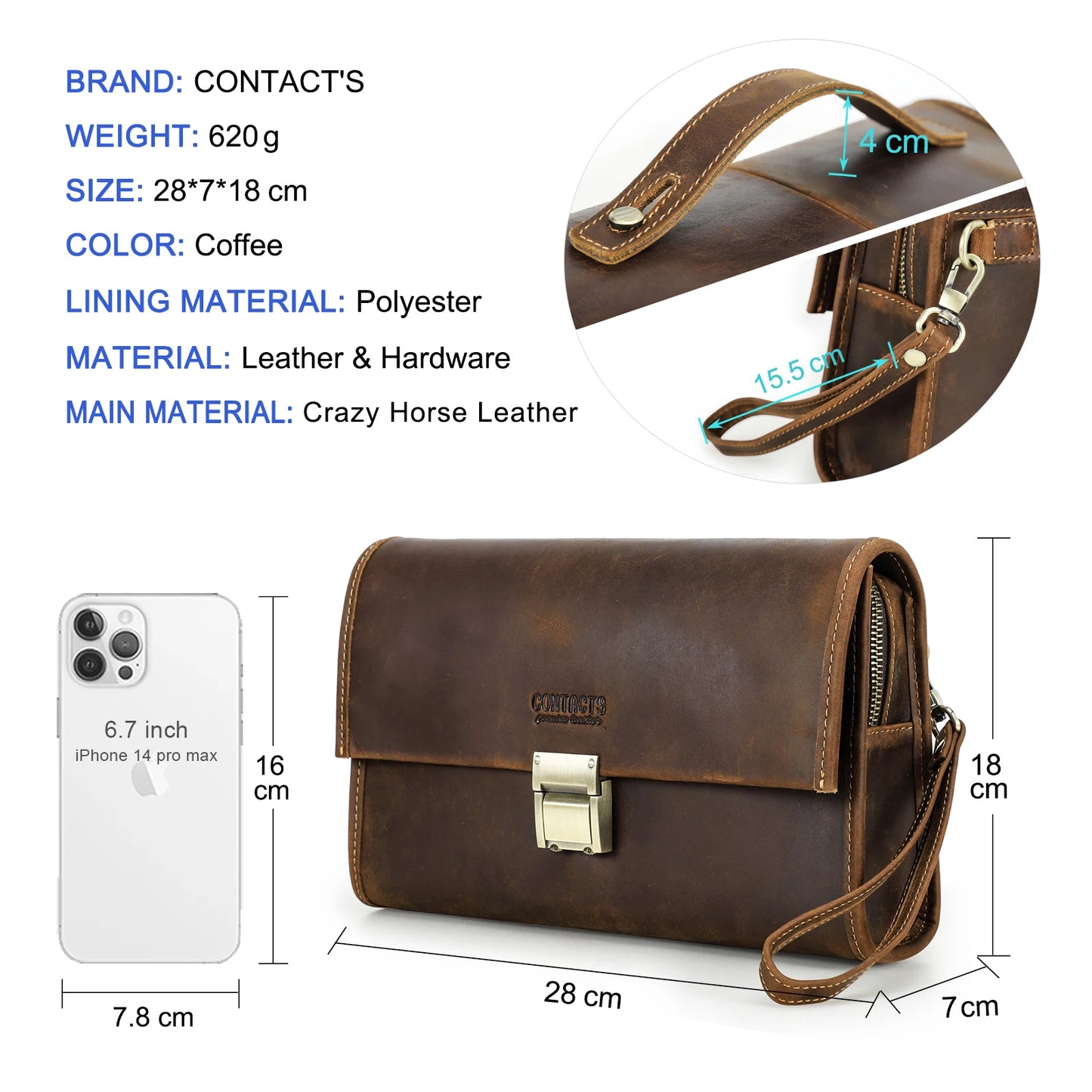 CONTACT'S Genuine Leather Clutch Bags Men Password Retro Wrist Strap Handbag iPad Travel Business Fitness Clutch Wallet