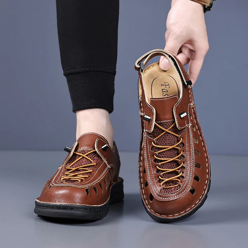 New Summer Men's Leather Sandals Casual Outdoor Beach Shoes Comfortable Male Hollow Out Footwear Leisure Walk Sandaly Sandalias