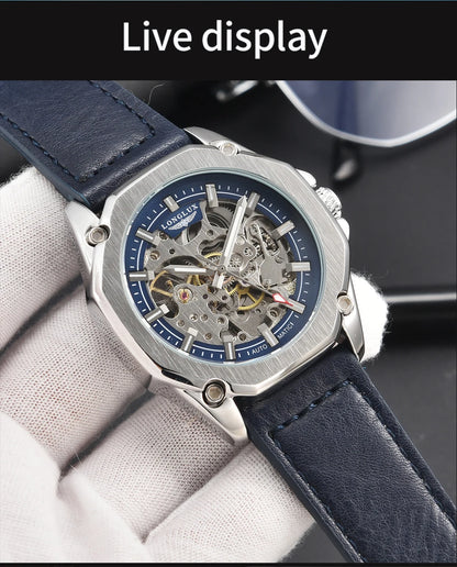LONGLUX Automatic Watch Sport Style Wholesale Mechanical Wristwatches Fashion Hollow Leather Mens Watch Men Gift