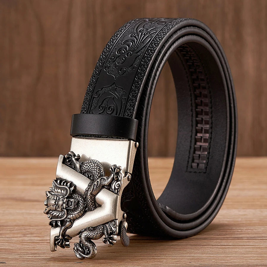 3.5cm Fashion Embossing Retro Male Belts for Men Business Split Leather Belt Dragon Pattern Automatic Buckle Strap