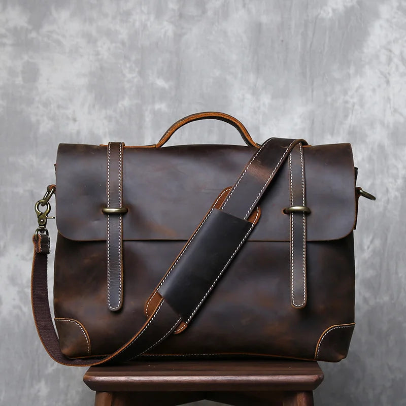 Retro Crazy Horse Leather Commuter Handbag Top Layer Cowhide Old Postman Bag British Style Leather Diagonal Shoulder Bag Male