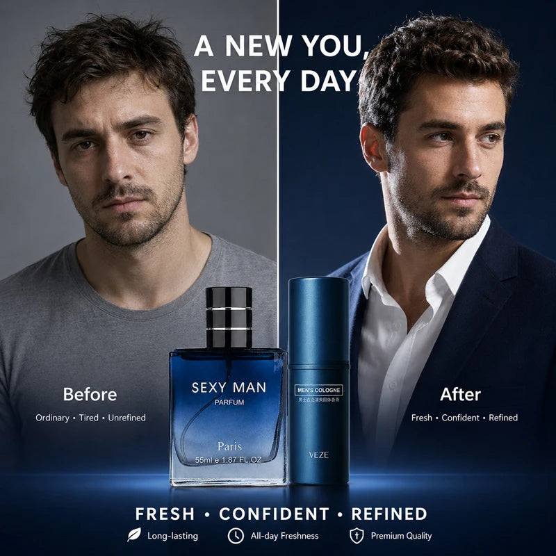 2PCS Men's Cologne Set No Box Long Lasting Fresh Marine Perfume Spray + Solid Cologne Portable Travel Gift for Men