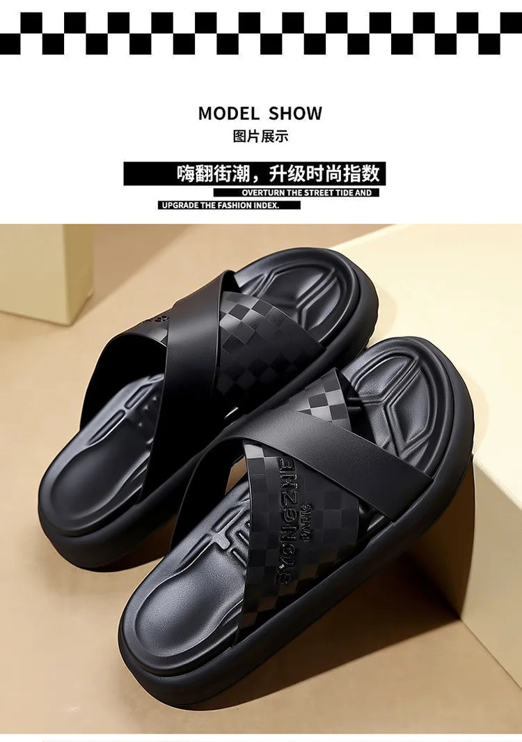 Summer New Fashion Outside Wear Slippers for Men Business Casual Black Leisure Genuine Leather Beach Shoes Slippers Man
