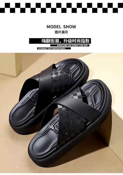 Summer New Fashion Outside Wear Slippers for Men Business Casual Black Leisure Genuine Leather Beach Shoes Slippers Man