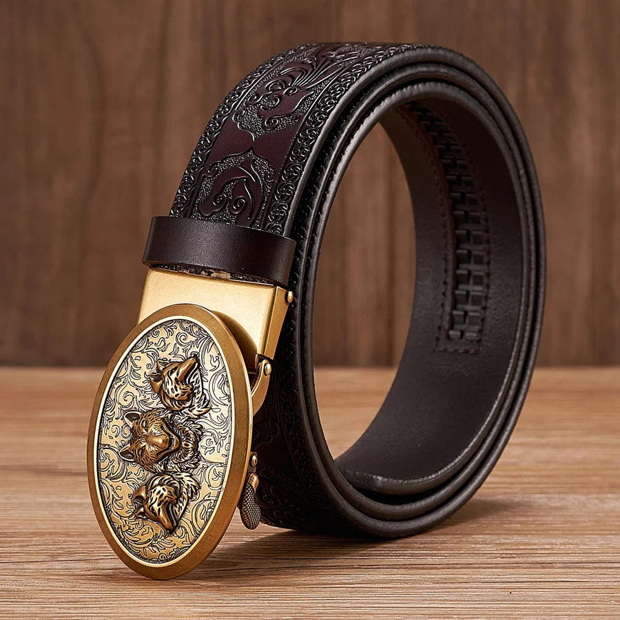 3.5cm Fashion Embossing Retro Male Belts for Men Business Split Leather Belt Dragon Pattern Automatic Buckle Strap