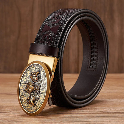 3.5cm Fashion Embossing Retro Male Belts for Men Business Split Leather Belt Dragon Pattern Automatic Buckle Strap