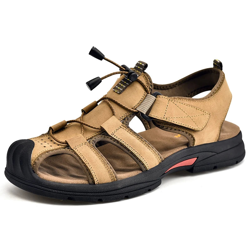 Genuine Leather Mens Water Beach Sandals Summer Closed Toe Sandals Non-slip Hiking Wading Sneakers Quick Dry Wading Aqua Shoes