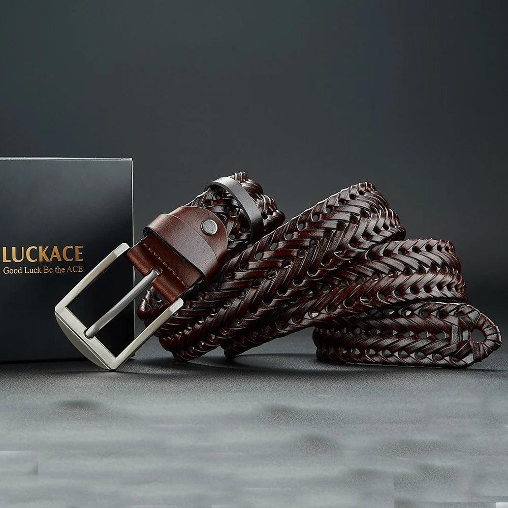 LUCKACE Genuine Leather Casual Men's Belt Trendy Golf Belts Knitted Belt With Alloy Buckle Best Gift Choice for Boyfriend/Husban