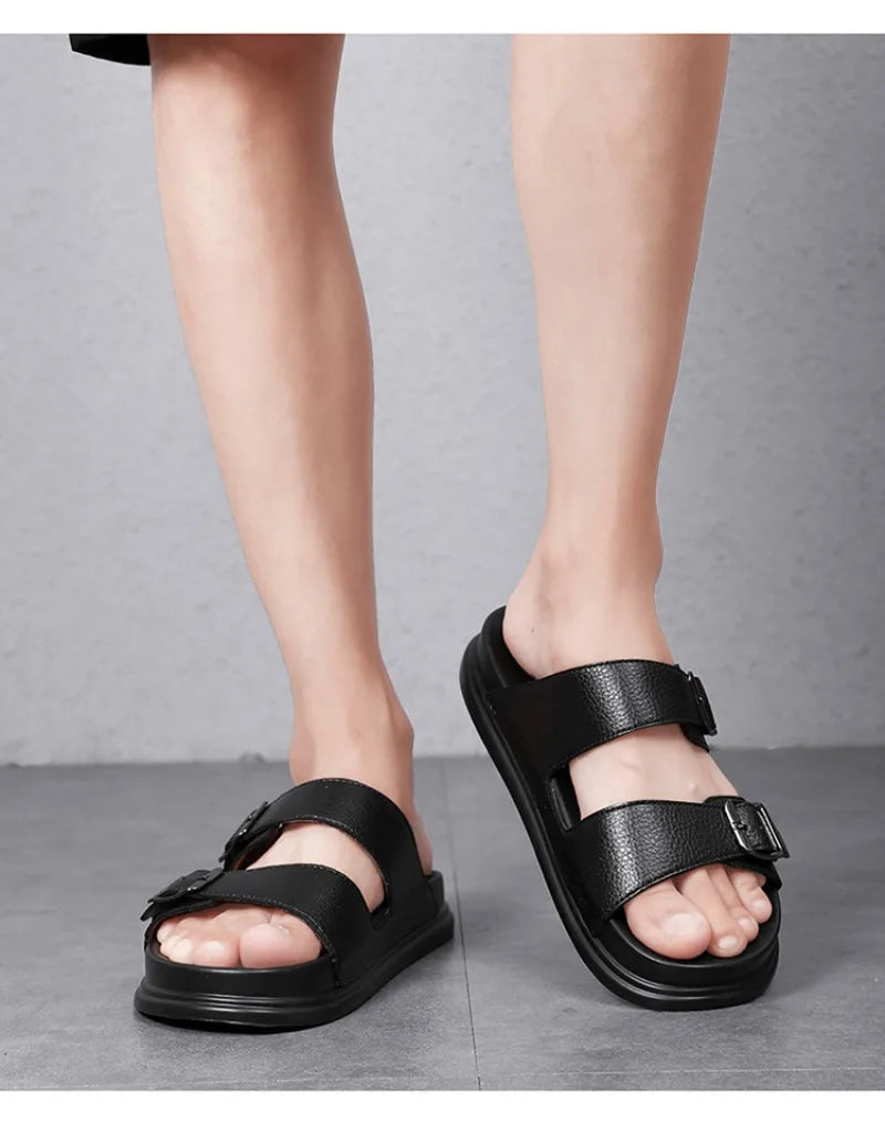 Summer Men's Slippers High Quality Cow Leather Sandals Outdoor Non Slip Platform Sandals Comfort Casual Slippers for Men Slides
