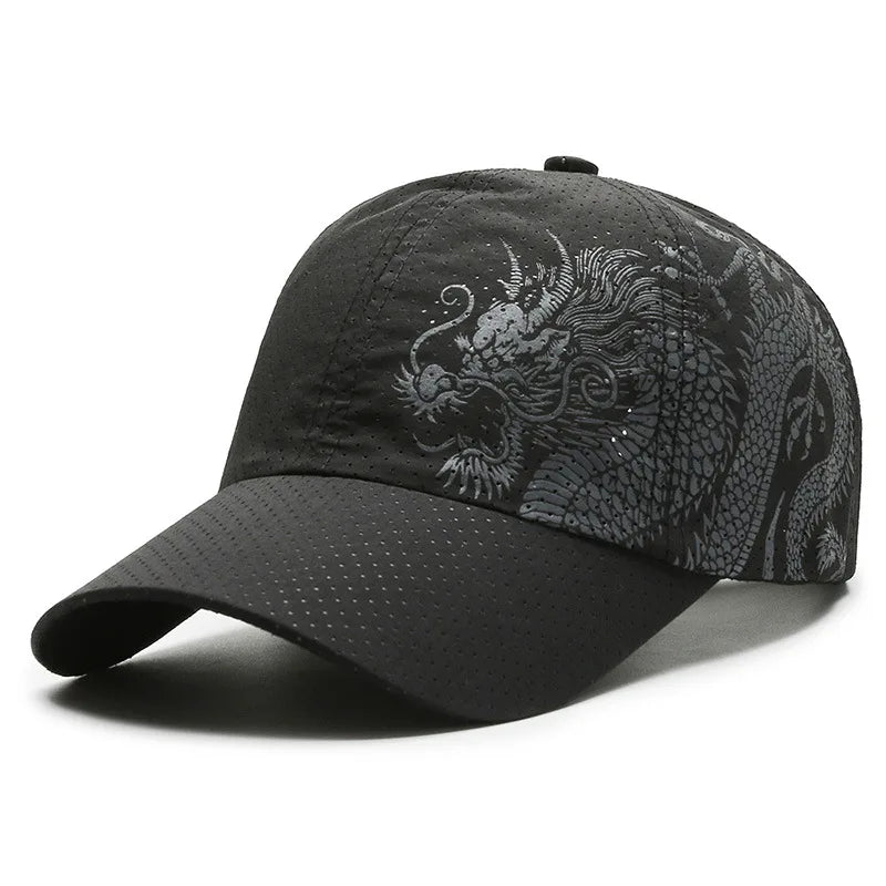 Chinese style printed dragon baseball cap, polyester outdoor quick drying cap,sun protection cap, duckbill cap for men and women