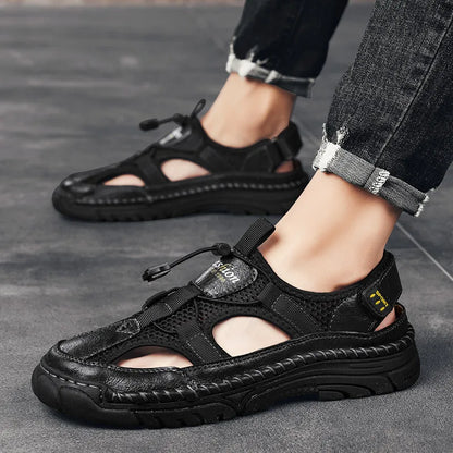 Men's Handmade Simple Letter-Print Sandals, Summer Beach Hollow Sandals, Fashionable Velcro Men's Shoes, Outdoor Hiking and River-Tracing Shoes, Comfortable, Breathable, Wear-Resistant, Non-Slip, Large Size Men's Shoes