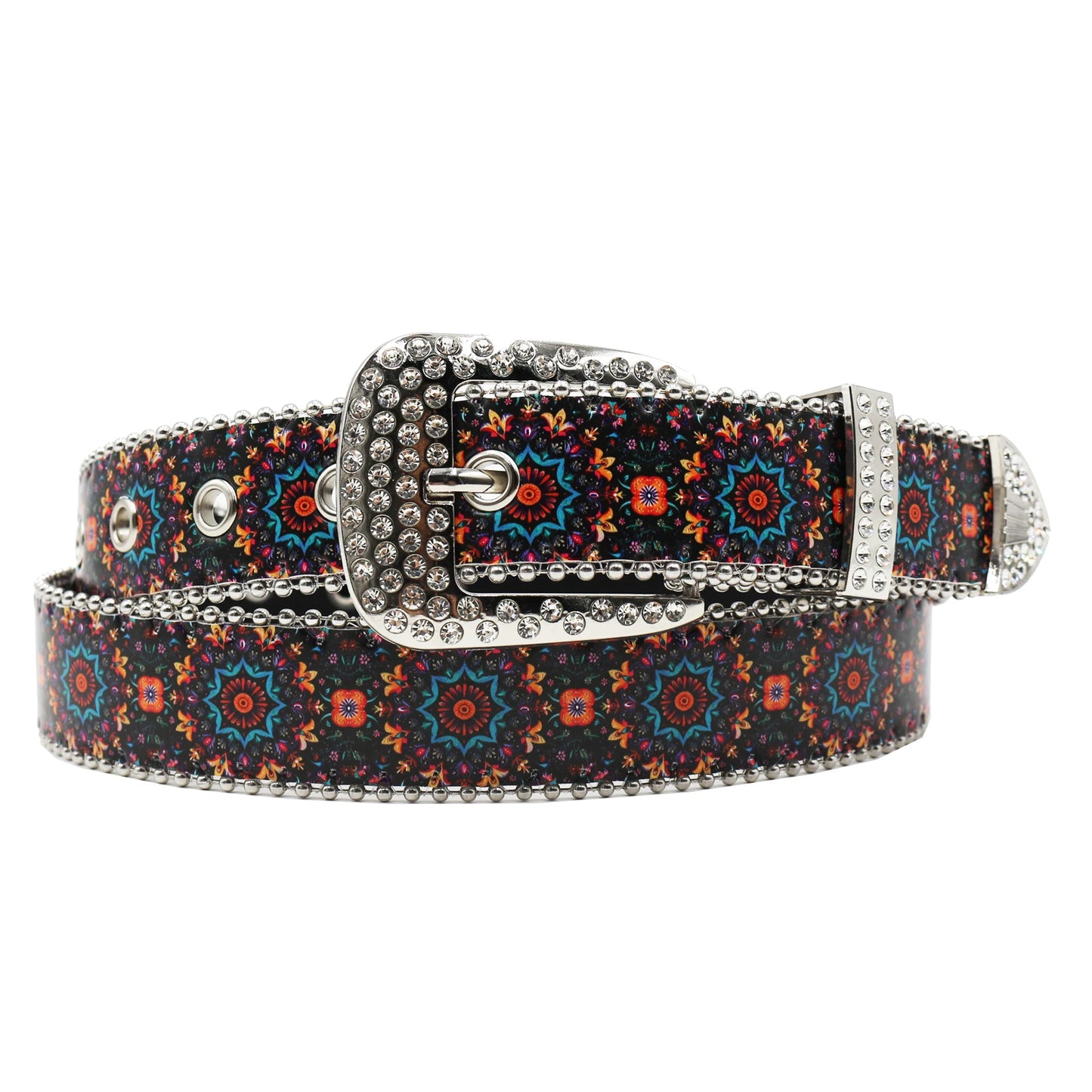 Rhinestone belt B&B style blue print pattern Women's Jeans Rhinestone Belt Men's Belt Western Denim Leather HipHop Rock