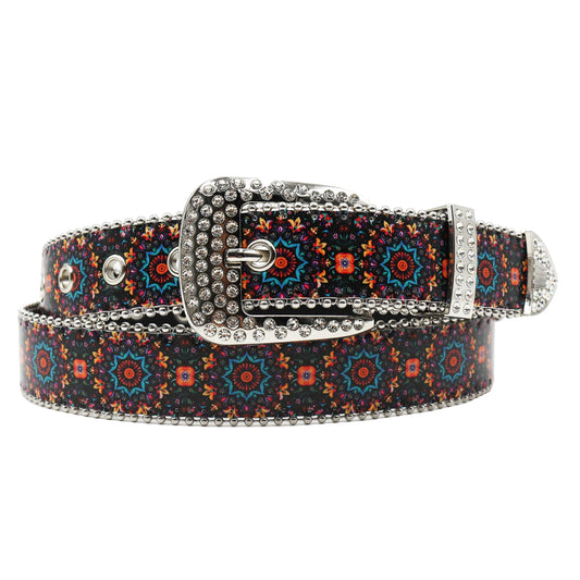 Rhinestone belt B&B style blue print pattern Women's Jeans Rhinestone Belt Men's Belt Western Denim Leather HipHop Rock