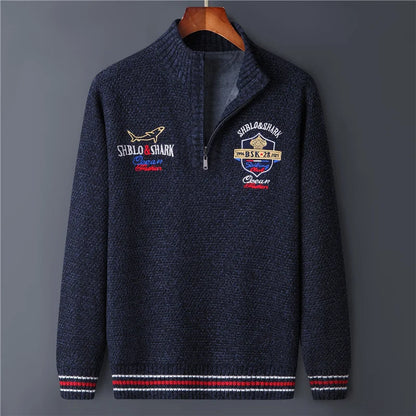 Men's Fleece Warm Half Zip Pullover Knitted Sweater Vintage Letter Print Cotton Coat Red/Black Winter Fashion