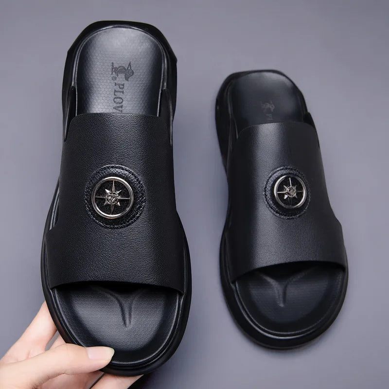 New Luxury Men's Genuine Leather Sandals Classic Roman Men Shoes Slippers Soft Comfortable Men Non-slip Walking Slippers Footwea