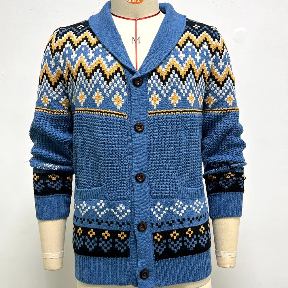 2026 Men's Winter Knitted Sweater Jacket Vintage Jacquard Cardigan Sweaters Lapel Single Breasted Knitted Sweater Coats for Men