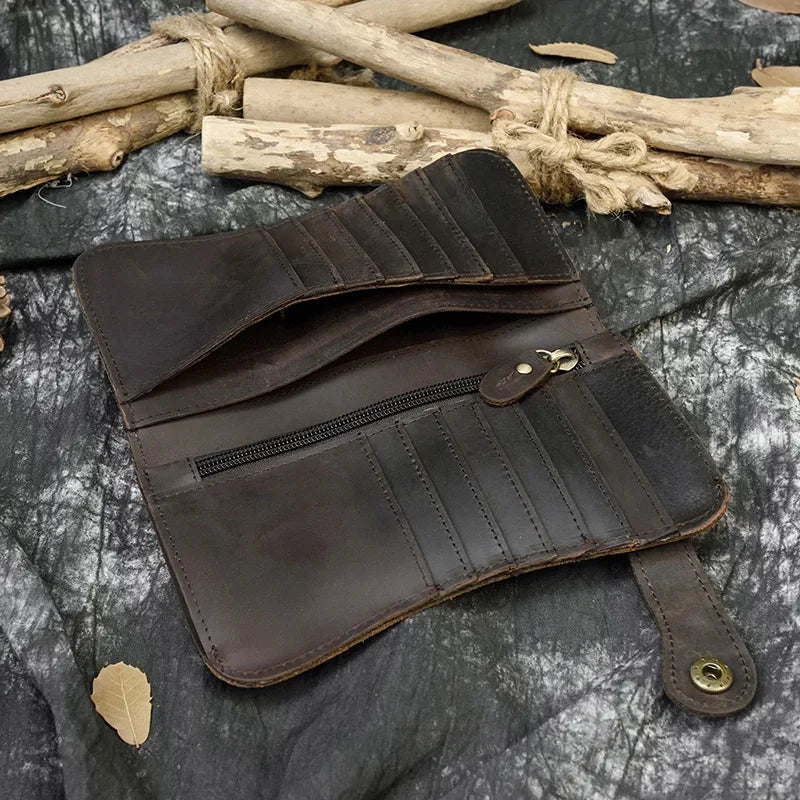 Men's Genuine Leather Wallet Chain Snap Bifold Purse Crazy Horse Leather Card Case Phone Card Holder Clutch Dragon Wallet