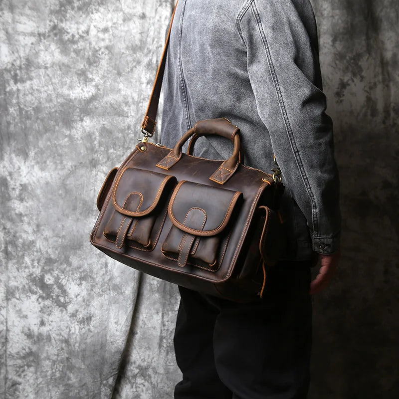 NZPJ Vintage Genuine Leather Men's Briefcase Crazy Horse  Handbag Natural Cowhide Travel Bag Casual Shoulder Crossbody Bag