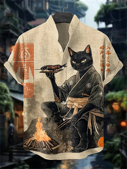 Men's Cat Print Short-Sleeve Shirt, Stand Collar Retro Casual Top, Breathable Slim Fit Shirt, Outdoor Casual Hawaiian Shirt