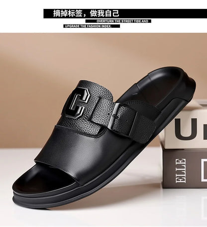 Men Outwear Genuine Leather Slippers for Men Fashion Buckle Designer Summer Flip-flops Male Casual Non-slip Beach Shoes Man