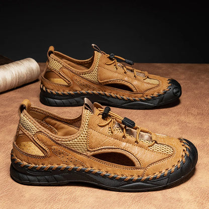 Summer Men Full Casual Leather Hand Stitch Big Size Outdoor Beach Sandals Closed Toe Non Slip Comfort New Summer Walking Shoes