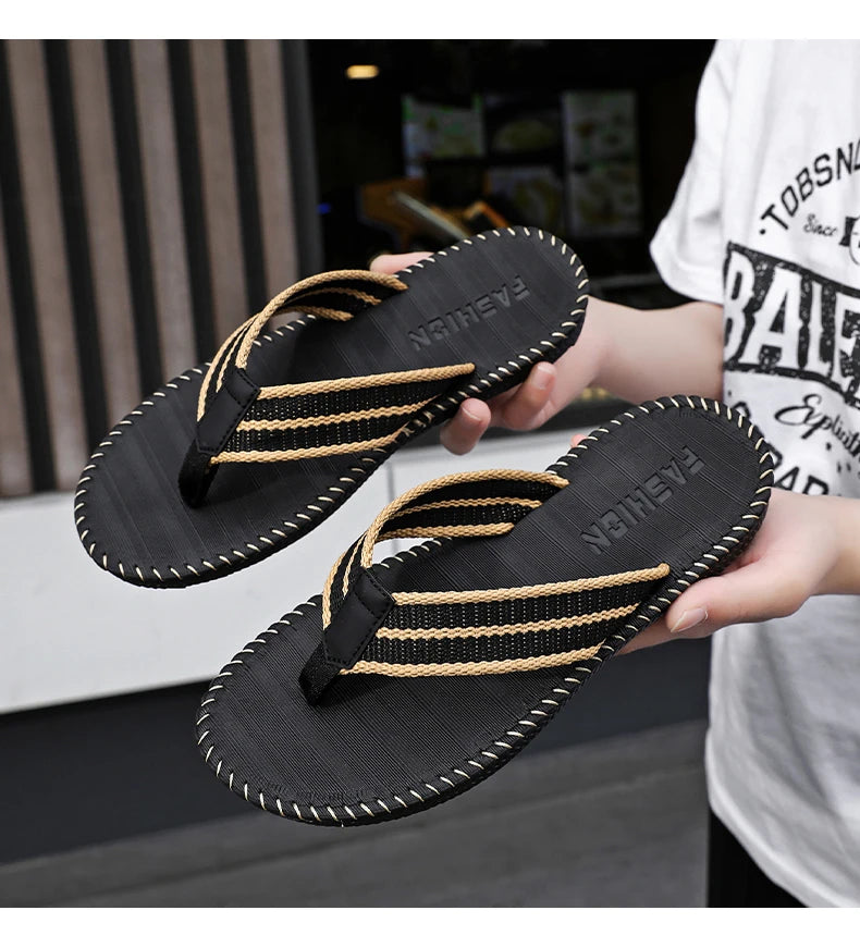 Men's flip flops summer new lightweight rubber woven slippers fashion casual outdoor sandals breathable anti slip beach shoes